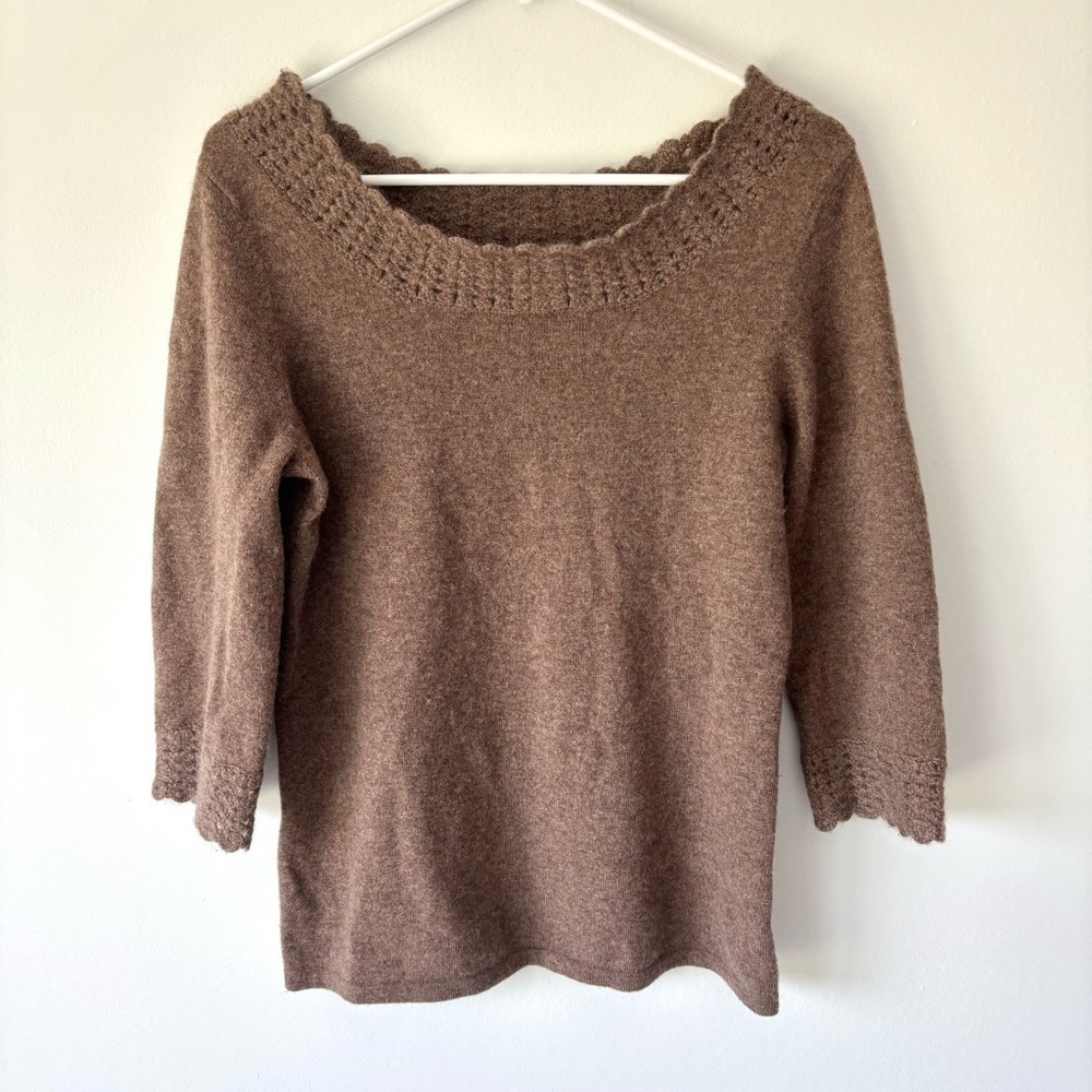 Mainbocher Pure 100% Cashmere Brown Sweater 3/4 Sleeve Knit Crochet Luxury